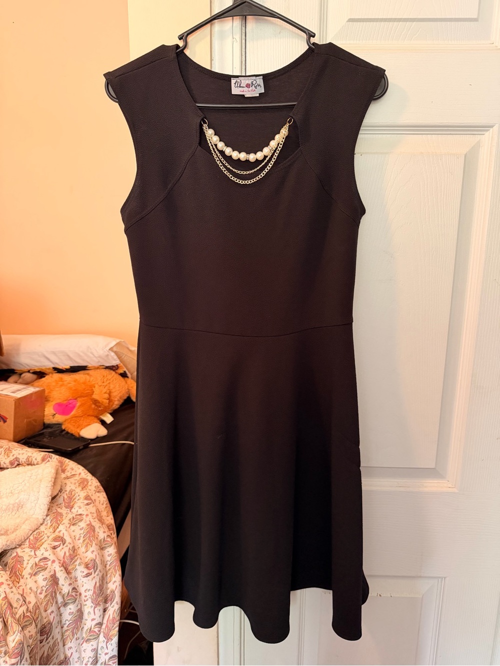 Urban Rose Pearl-Accent Black Sleeveless Fit & Flare Dress